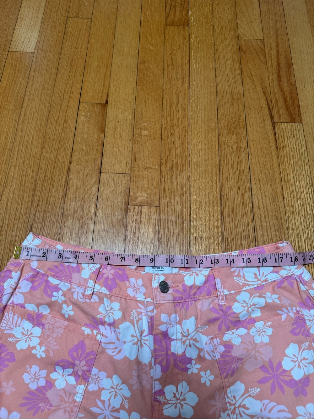 Forever 21 Tropical Hibiscus Floral Denim Shorts Size 14 Barbiecore Y2K Boho - Picture 7 of 8